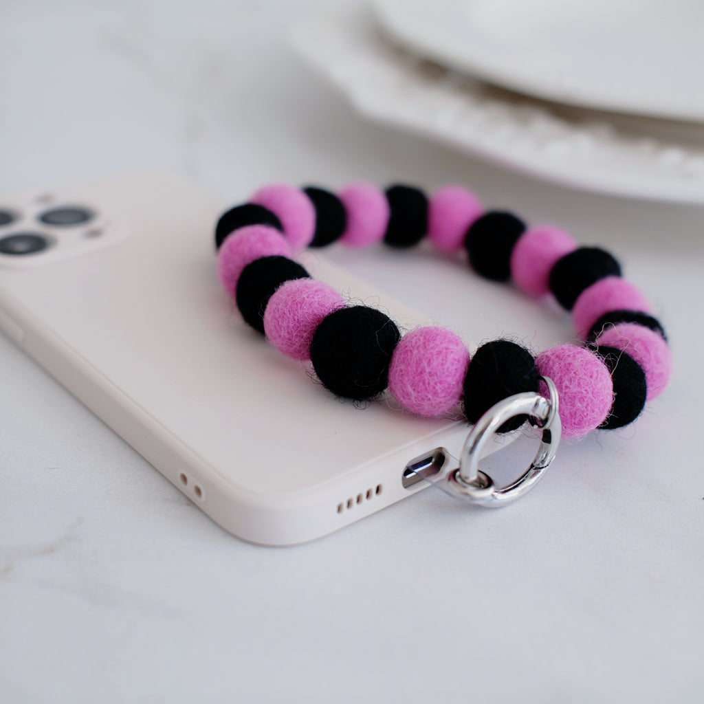 Black & Pink Wool Beads Phone Charm