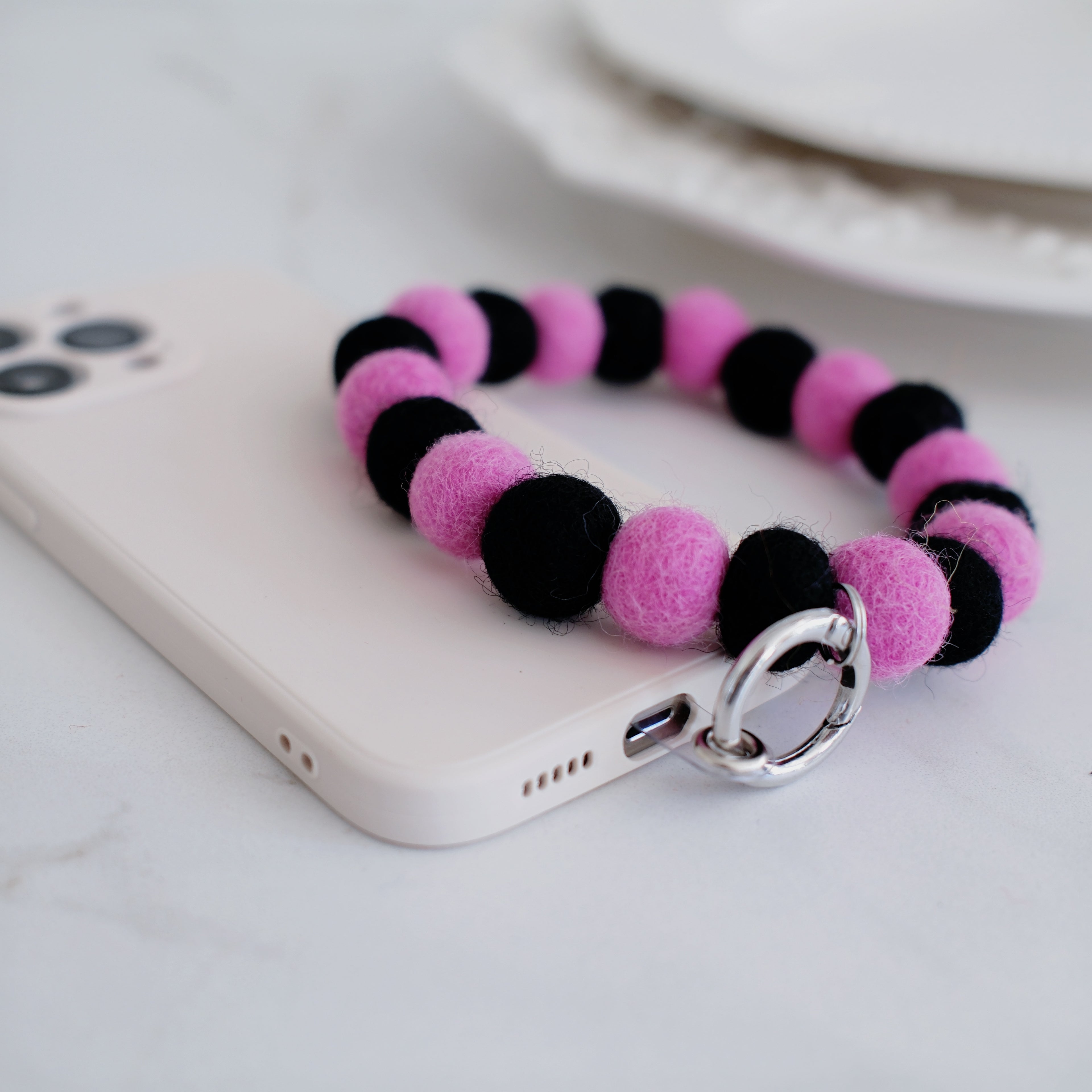 Black & Pink Wool Beads Phone Charm