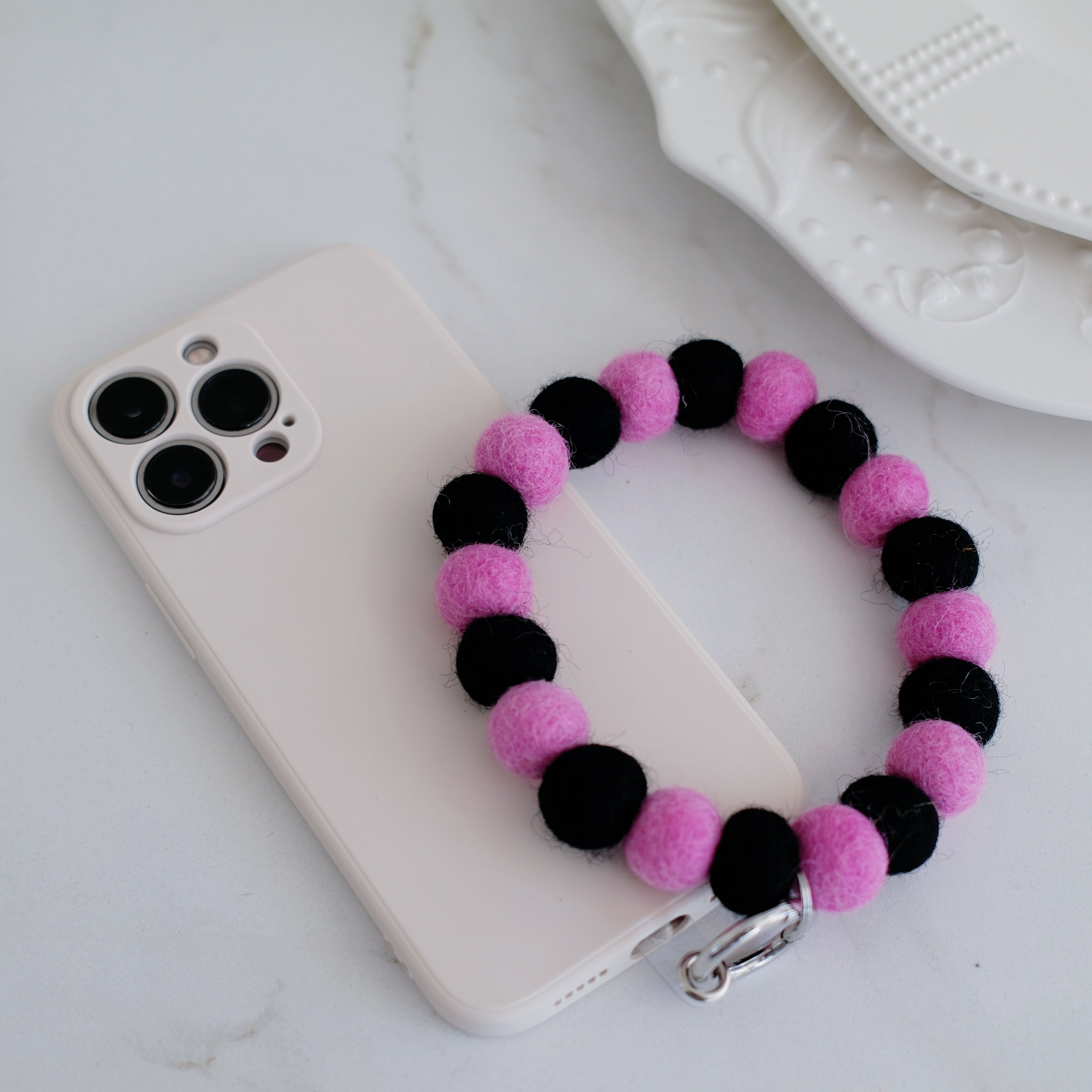 Black & Pink Wool Beads Phone Charm